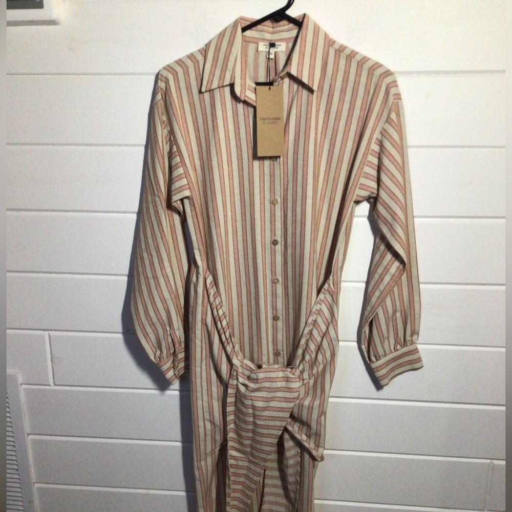 Striped Long-Sleeve Shirt Dress in Beige & Pink & Ivory by Parisienne et ators